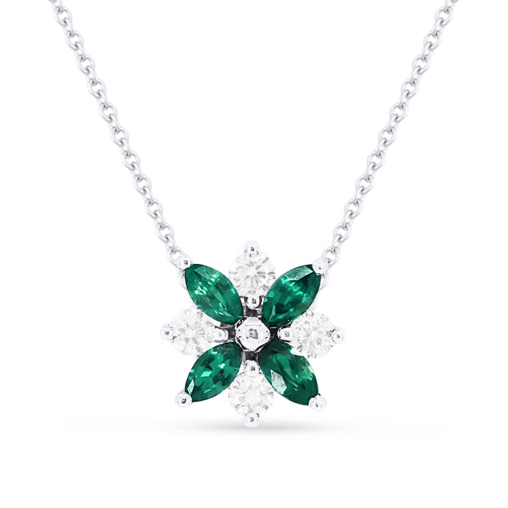 Beautiful Hand Crafted 14K White Gold 2x4MM Emerald And Diamond Arianna Collection Pendant