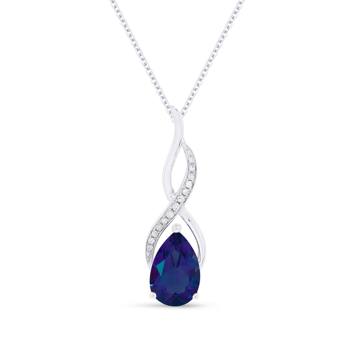 Beautiful Hand Crafted 14K White Gold 6x9MM Created Sapphire And Diamond Essentials Collection Pendant