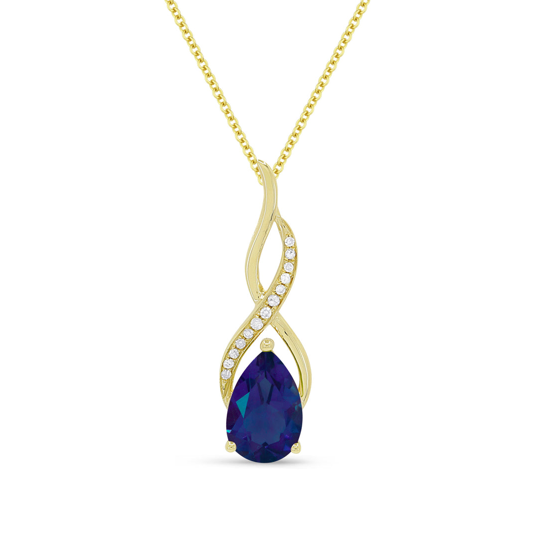 Beautiful Hand Crafted 14K Yellow Gold 6x9MM Created Sapphire And Diamond Essentials Collection Pendant