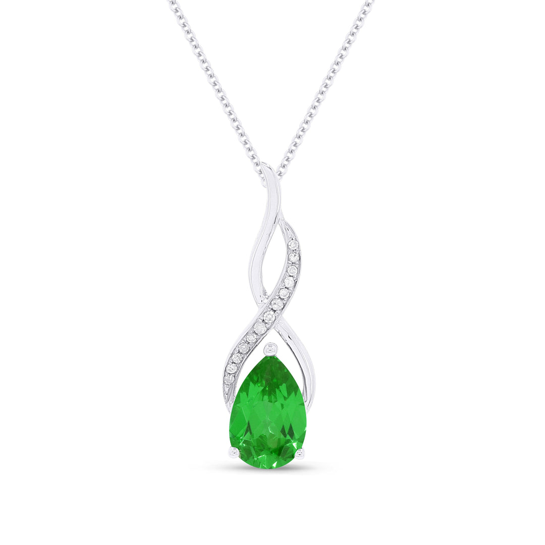 Beautiful Hand Crafted 14K White Gold 6x9MM Created Emerald And Diamond Essentials Collection Pendant