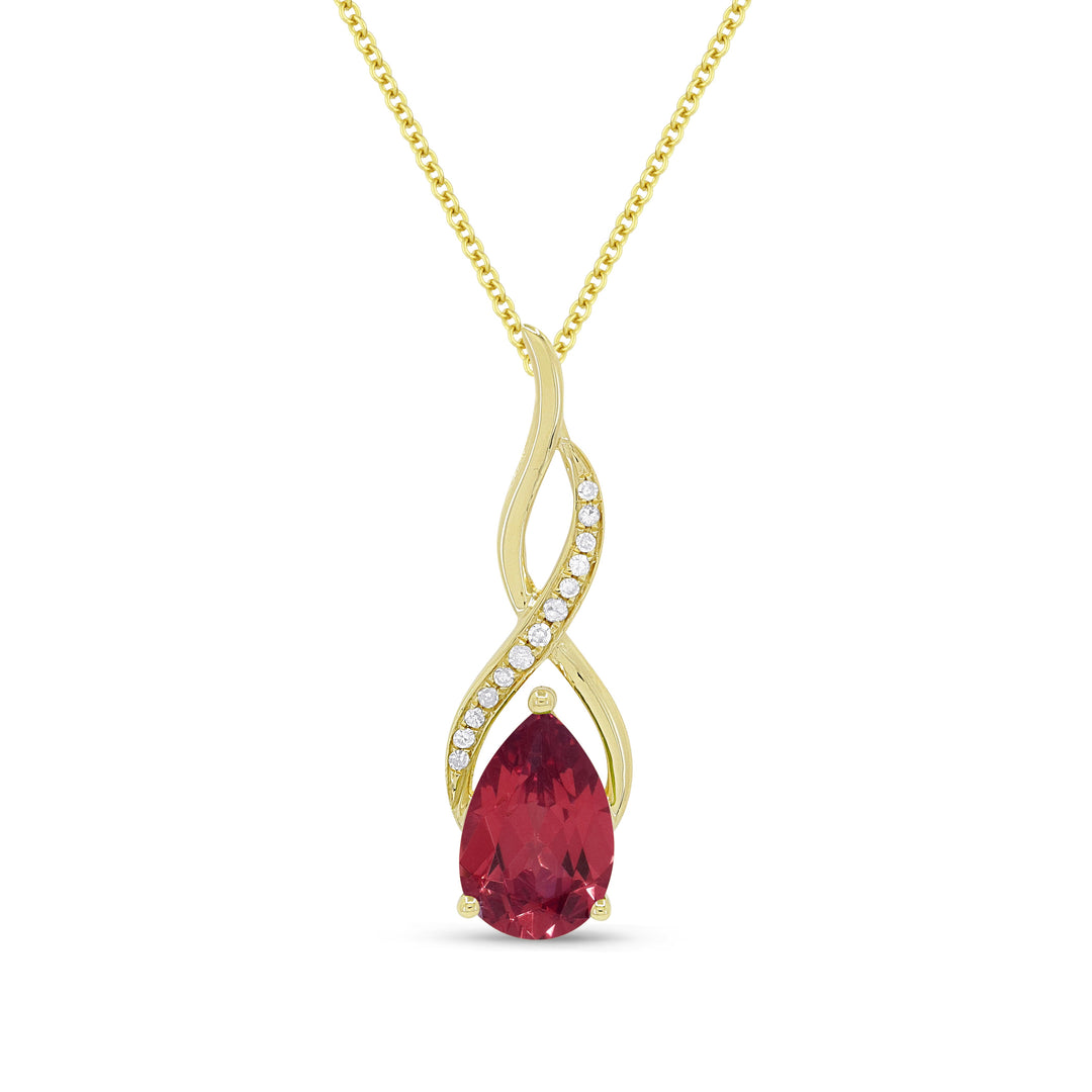 Beautiful Hand Crafted 14K Yellow Gold 6x9MM Created Ruby And Diamond Essentials Collection Pendant