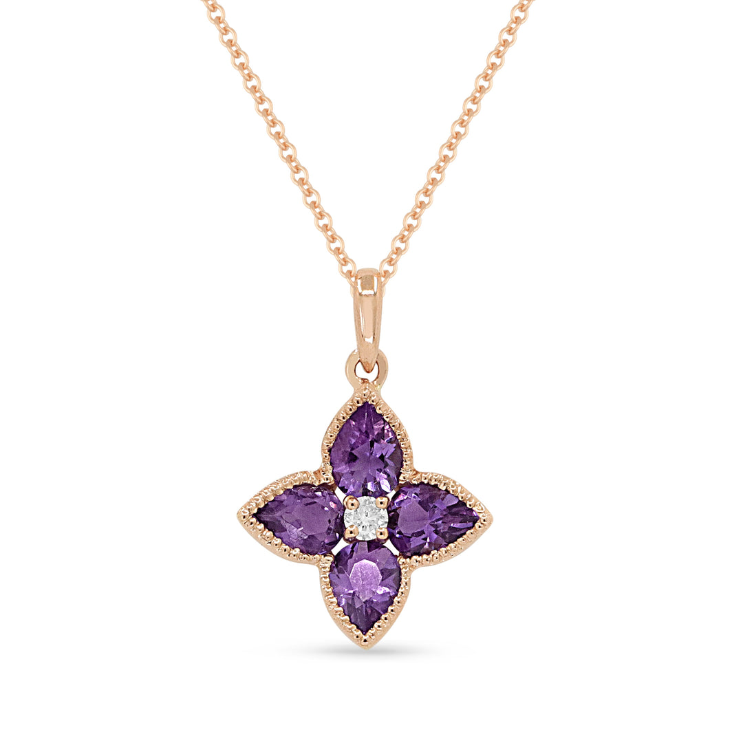 Beautiful Hand Crafted 14K Rose Gold 3x4MM Amethyst And Diamond Essentials Collection Pendant