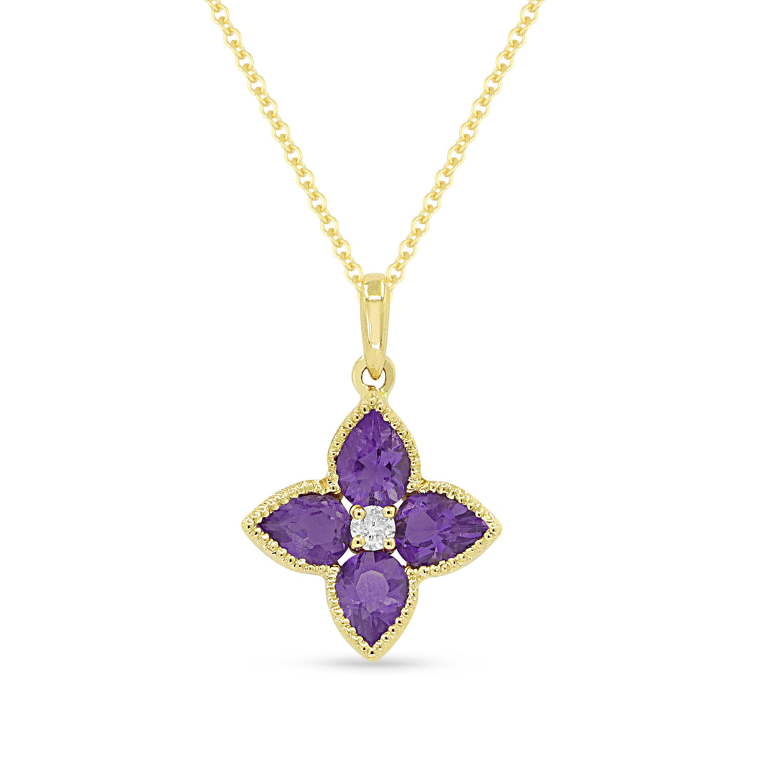 Beautiful Hand Crafted 14K Yellow Gold 3x4MM Amethyst And Diamond Essentials Collection Pendant