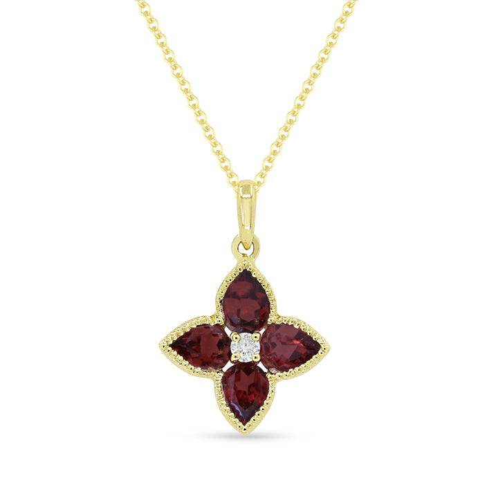Beautiful Hand Crafted 14K Yellow Gold 3x4MM Garnet And Diamond Essentials Collection Pendant