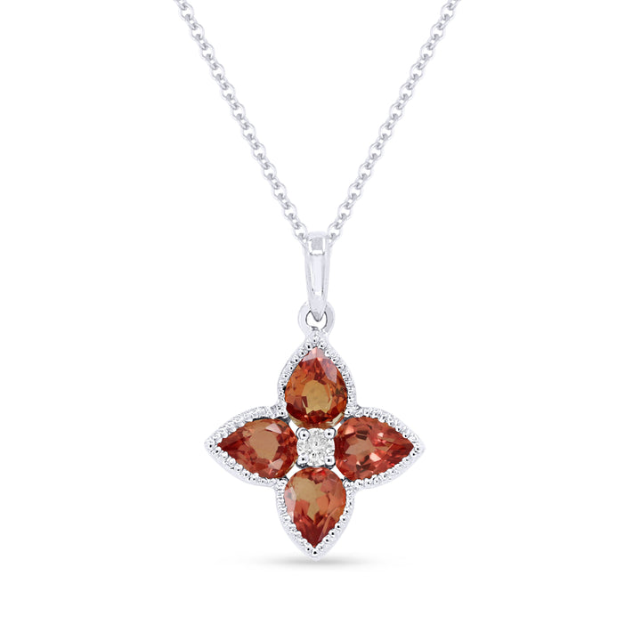 Beautiful Hand Crafted 14K White Gold 3x4MM Created Padparadscha And Diamond Essentials Collection Pendant