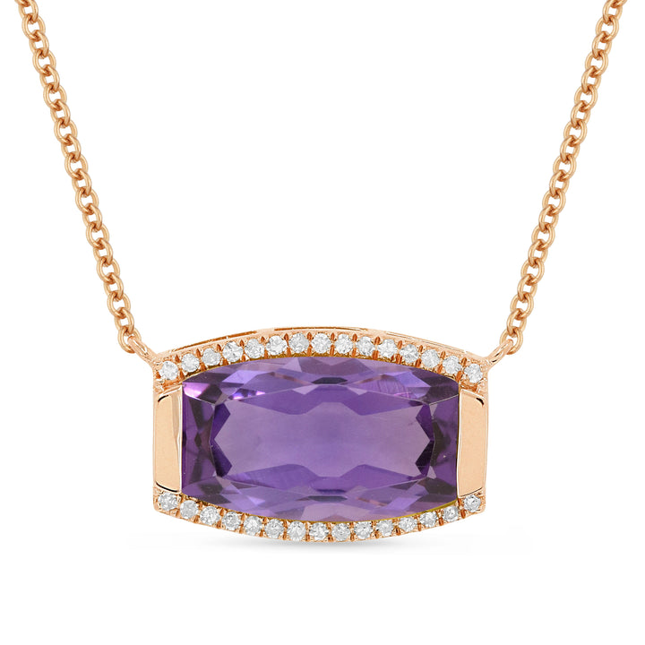Beautiful Hand Crafted 14K Rose Gold 7x12MM Amethyst And Diamond Essentials Collection Necklace