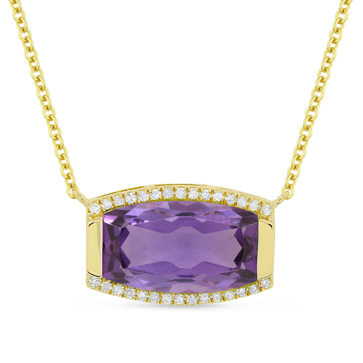 Beautiful Hand Crafted 14K Yellow Gold 7x12MM Amethyst And Diamond Essentials Collection Necklace