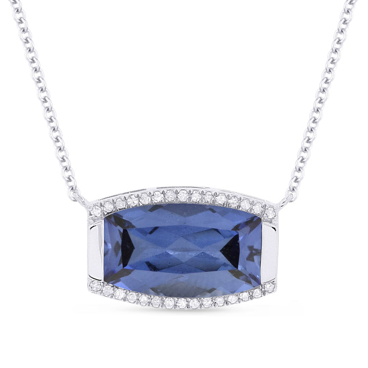 Beautiful Hand Crafted 14K White Gold 7x12MM Created Sapphire And Diamond Essentials Collection Necklace