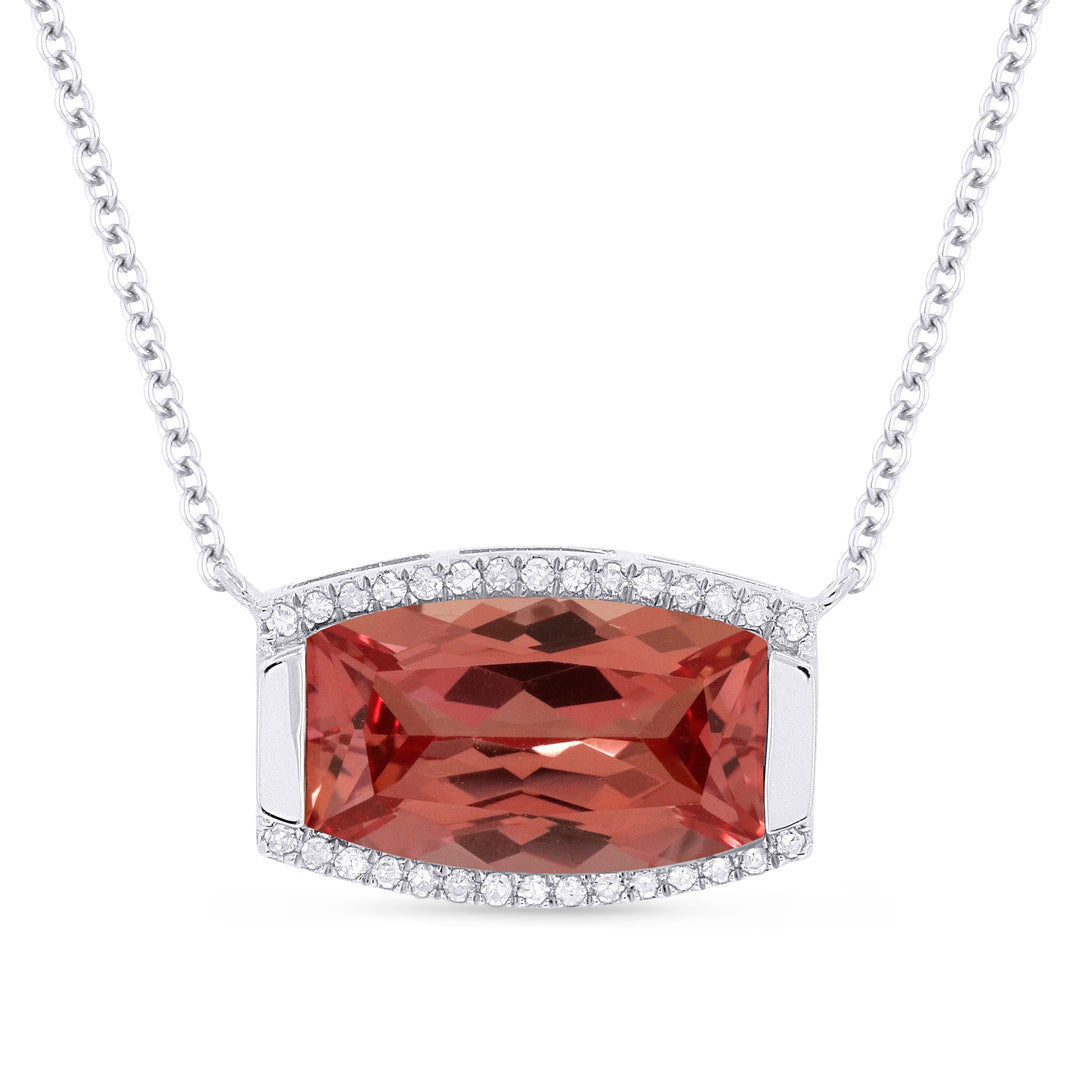 Beautiful Hand Crafted 14K White Gold 7x12MM Created Padparadscha And Diamond Essentials Collection Necklace