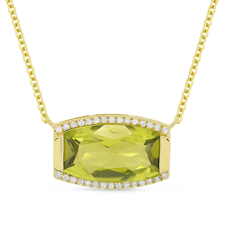 Beautiful Hand Crafted 14K Yellow Gold 7x12MM Peridot And Diamond Essentials Collection Necklace