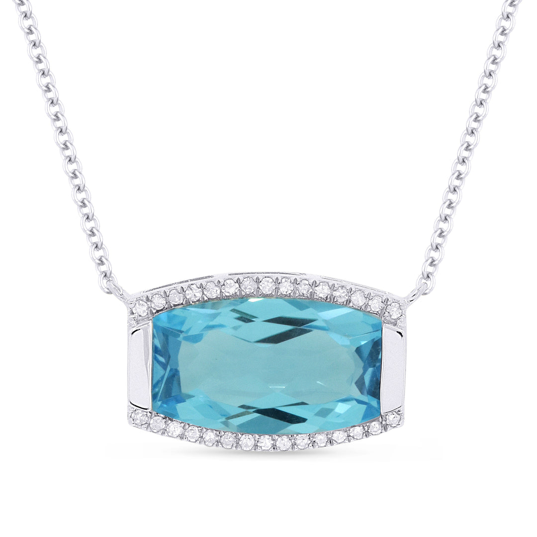 Beautiful Hand Crafted 14K White Gold 7x12MM Swiss Blue Topaz And Diamond Essentials Collection Necklace