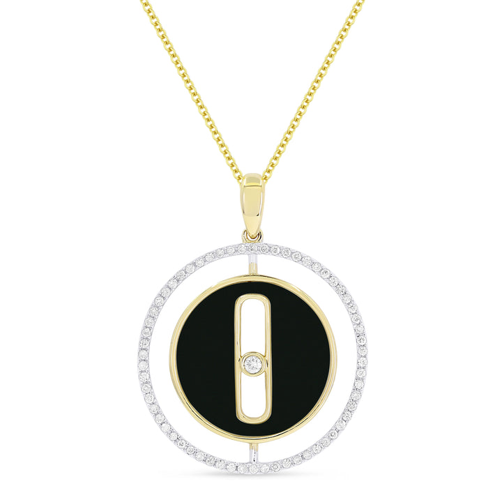 Beautiful Hand Crafted 14K Yellow Gold 21MM Black Onyx And Diamond Milano Collection Pendant