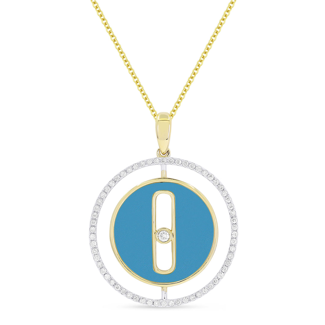 Beautiful Hand Crafted 14K Yellow Gold 21MM Turquoise And Diamond Milano Collection Pendant