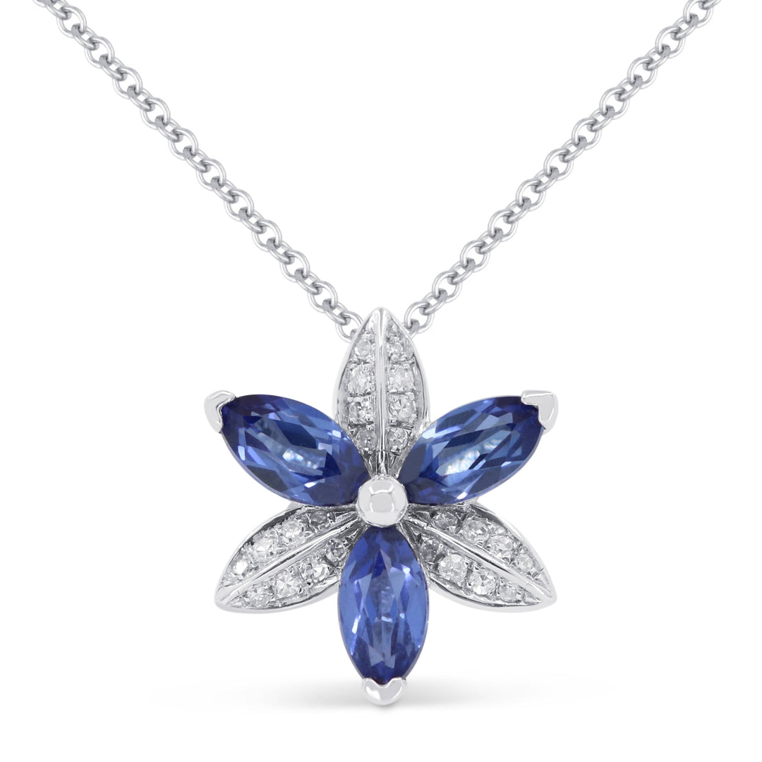 Beautiful Hand Crafted 14K White Gold 3x5MM Created Sapphire And Diamond Essentials Collection Pendant