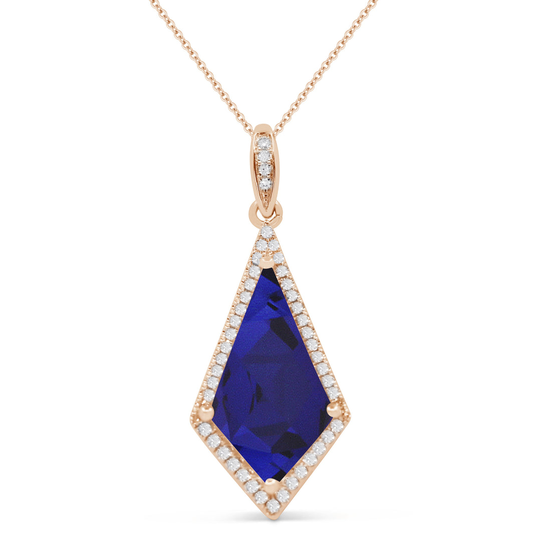 Beautiful Hand Crafted 14K Rose Gold 8x15MM Created Sapphire And Diamond Essentials Collection Pendant