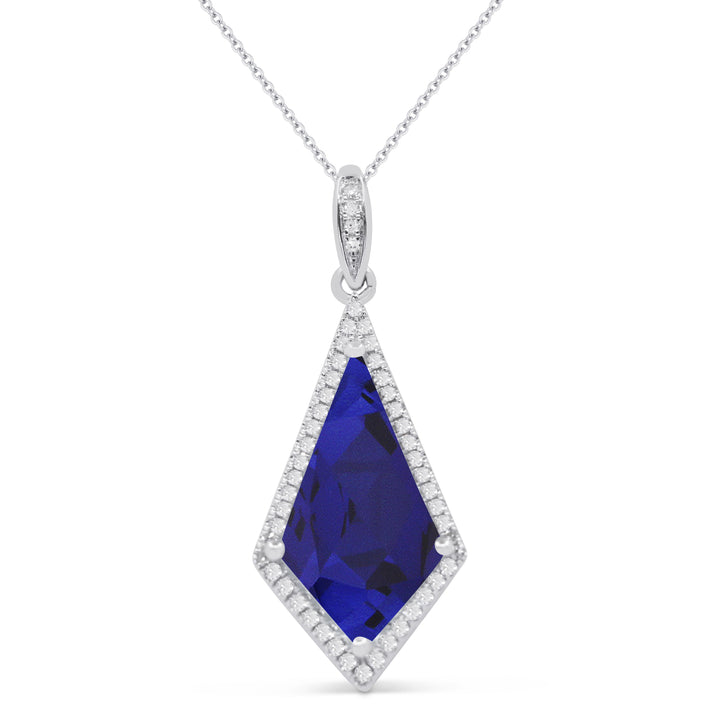 Beautiful Hand Crafted 14K White Gold 8x15MM Created Sapphire And Diamond Essentials Collection Pendant