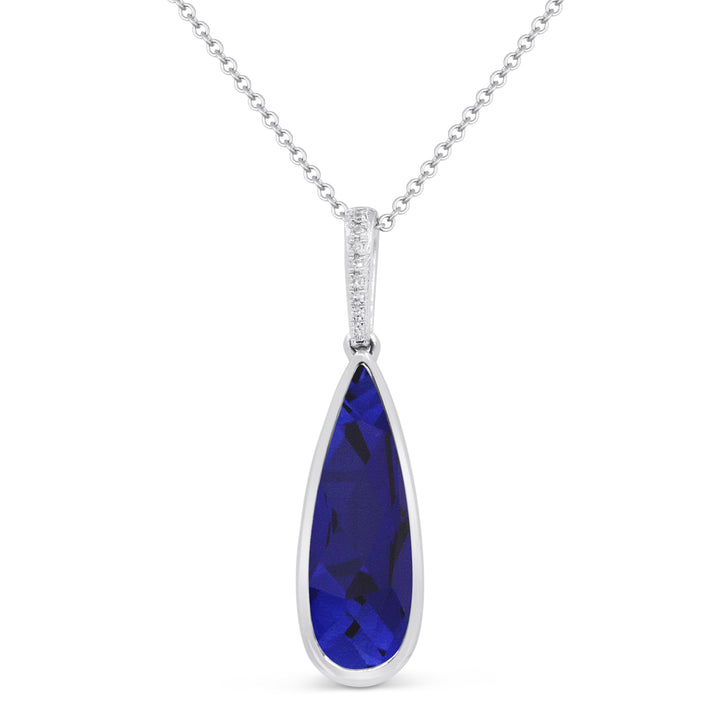 Beautiful Hand Crafted 14K White Gold 6x18MM Created Sapphire And Diamond Essentials Collection Pendant
