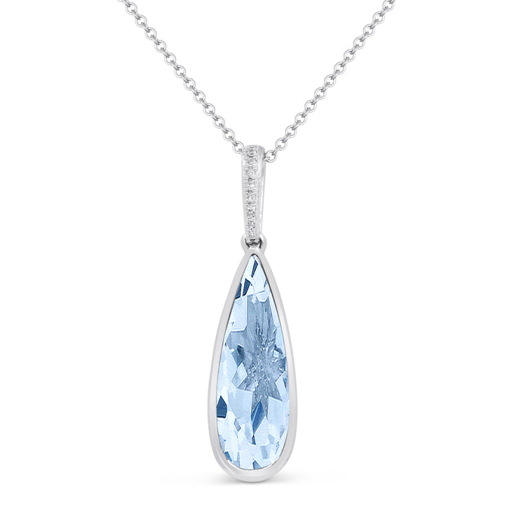 Beautiful Hand Crafted 14K White Gold 6x18MM Blue Topaz And Diamond Essentials Collection Pendant