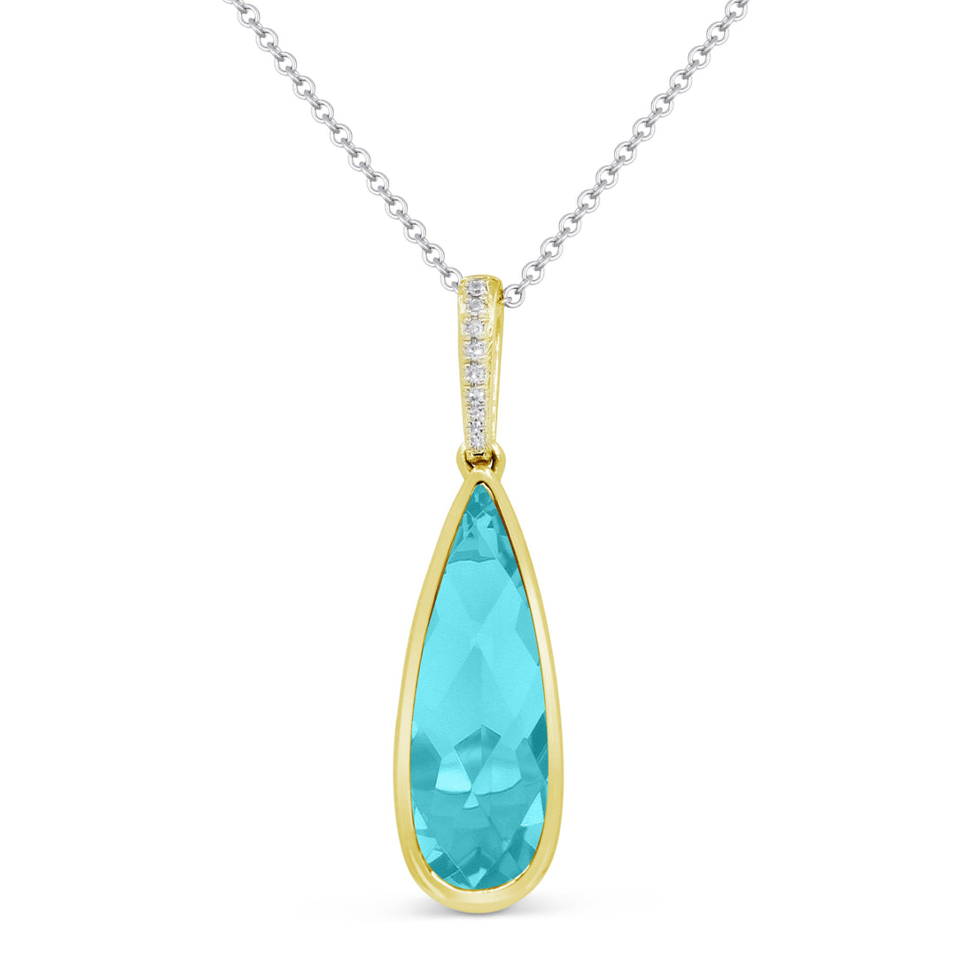 Beautiful Hand Crafted 14K Yellow Gold 6x18MM Created Tourmaline Paraiba And Diamond Essentials Collection Pendant
