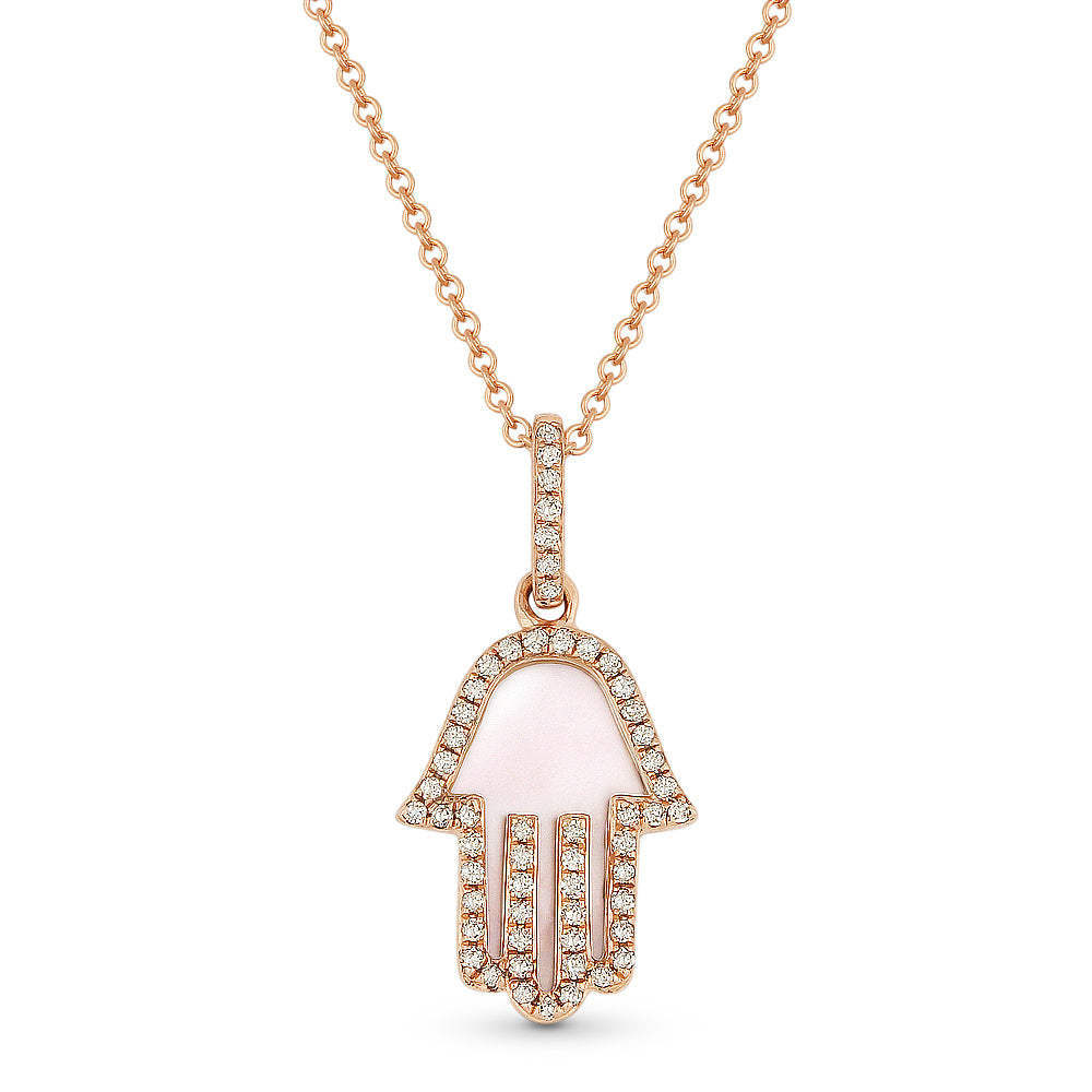 Beautiful Hand Crafted 14K Rose Gold 10x13MM Mother Of Pearl And Diamond Religious Collection Pendant