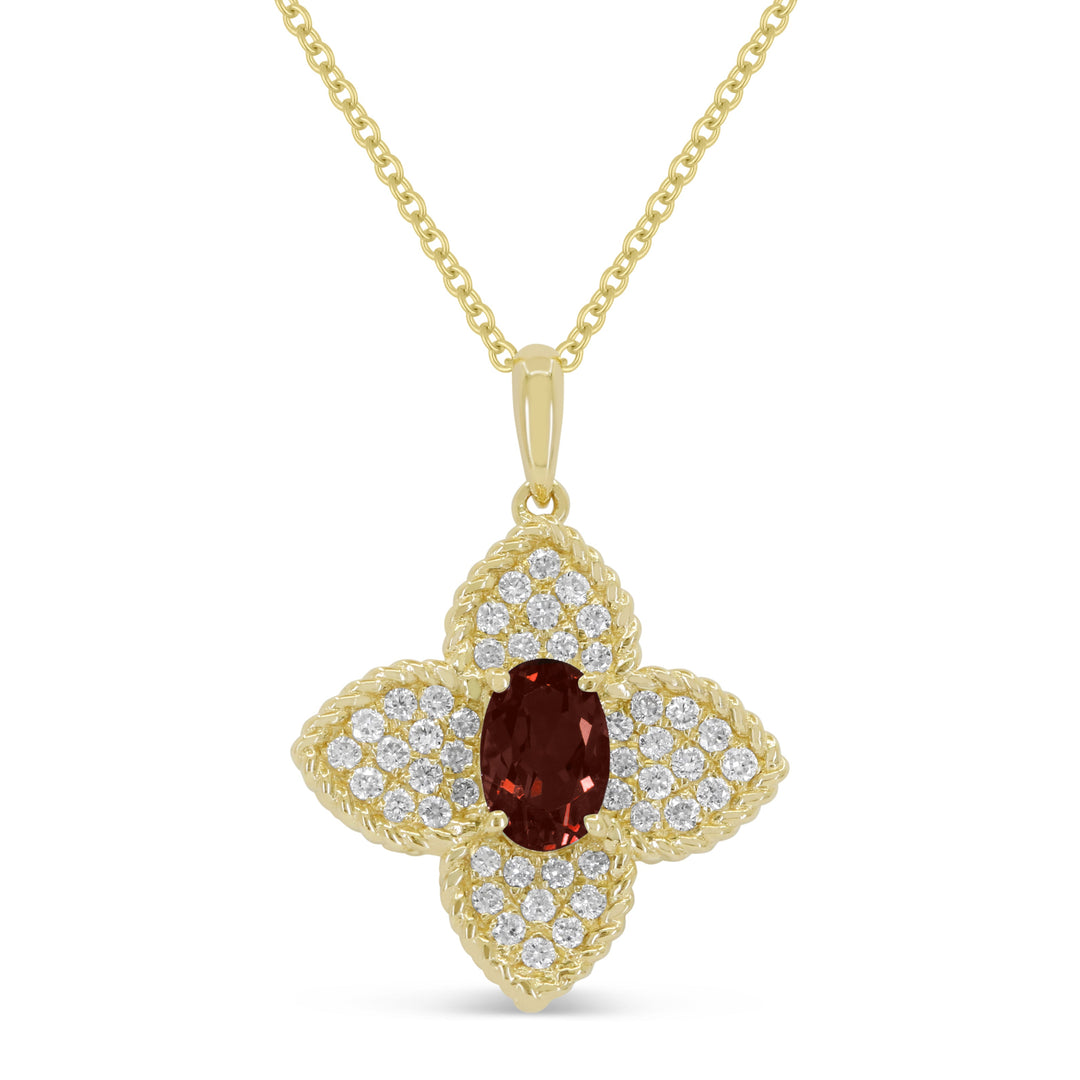 Beautiful Hand Crafted 14K Yellow Gold 4x6MM Garnet And Diamond Essentials Collection Pendant