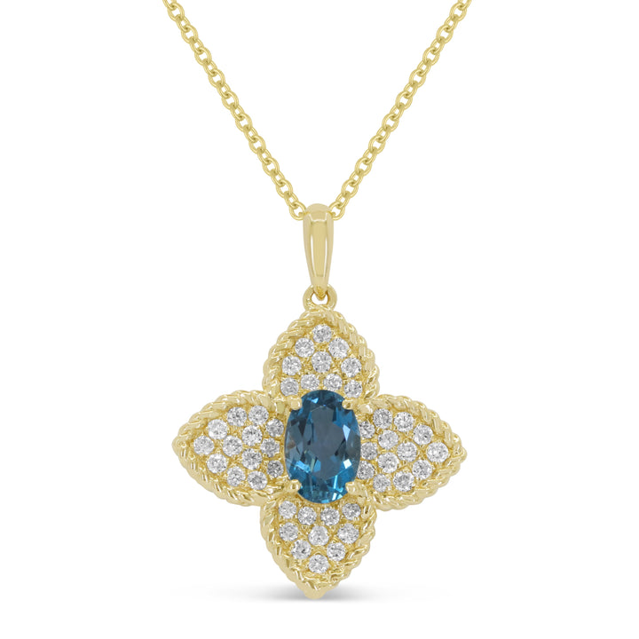 Beautiful Hand Crafted 14K Yellow Gold 4x6MM London Blue Topaz And Diamond Essentials Collection Pendant