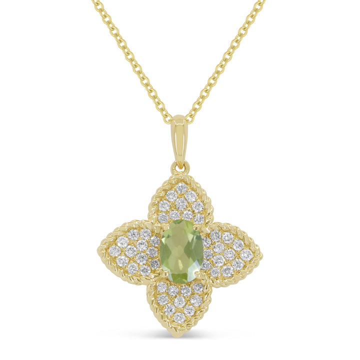 Beautiful Hand Crafted 14K Yellow Gold 4x6MM Peridot And Diamond Essentials Collection Pendant