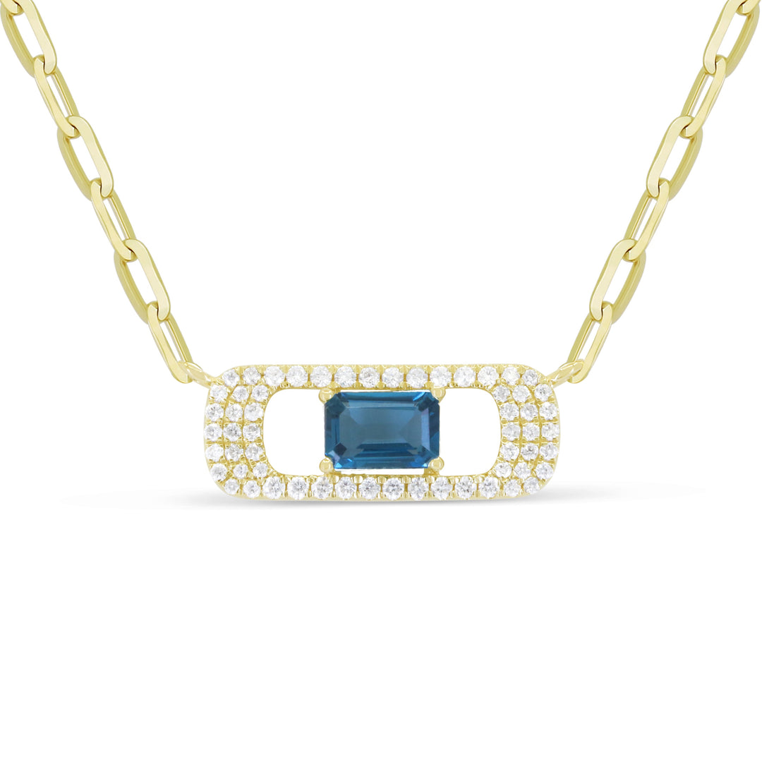 Beautiful Hand Crafted 14K Yellow Gold 4x6MM London Blue Topaz And Diamond Milano Collection Necklace