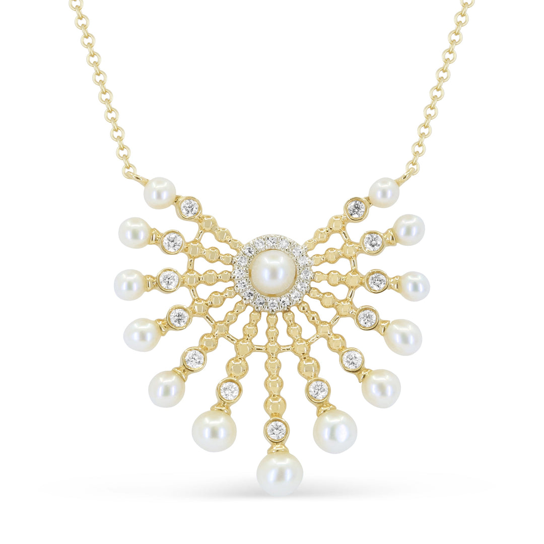 Beautiful Hand Crafted 14K Yellow Gold  Pearl And Diamond Essentials Collection Necklace