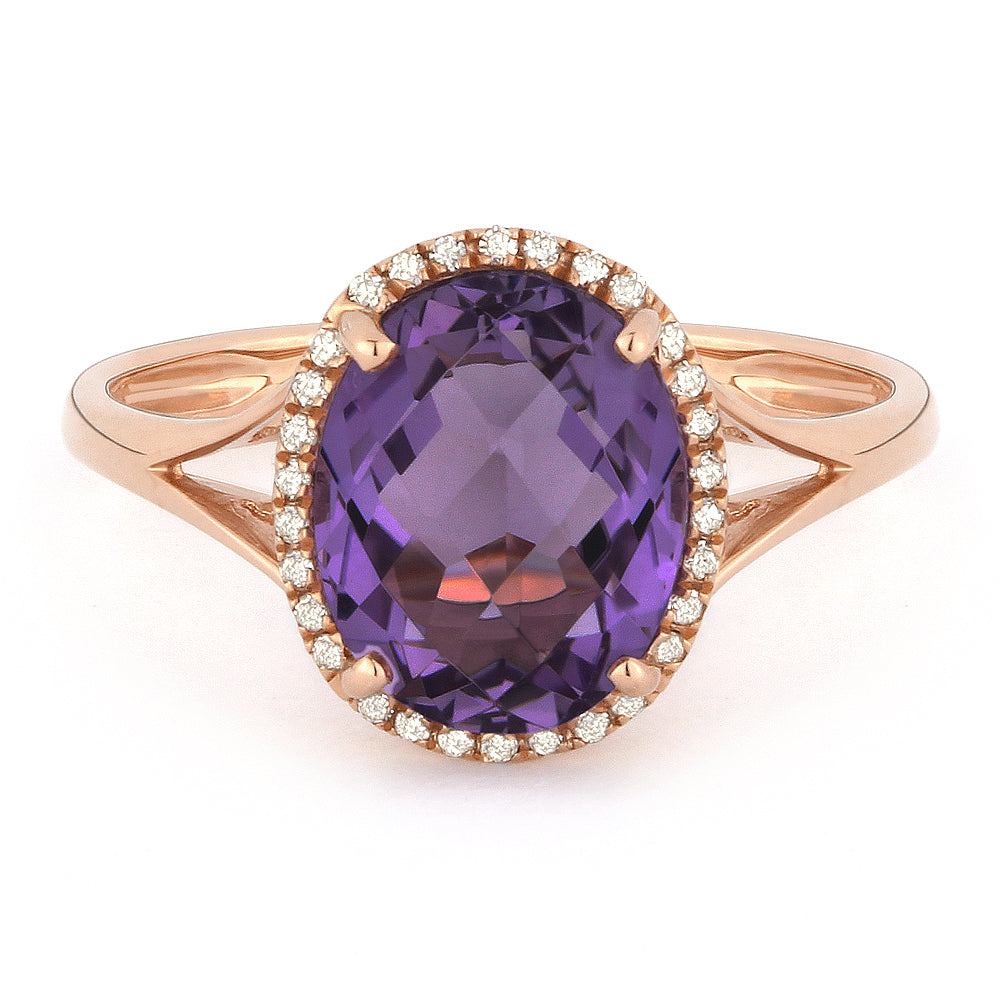 Beautiful Hand Crafted 14K Rose Gold 8x10MM Amethyst And Diamond Essentials Collection Ring