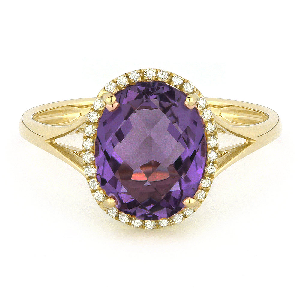 Beautiful Hand Crafted 14K Yellow Gold 8x10MM Amethyst And Diamond Essentials Collection Ring
