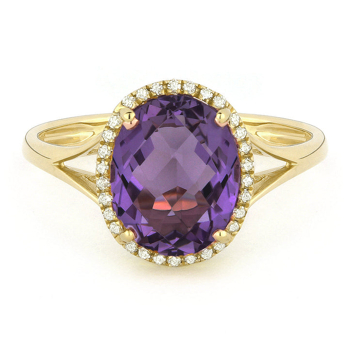 Beautiful Hand Crafted 14K Yellow Gold 8x10MM Amethyst And Diamond Essentials Collection Ring
