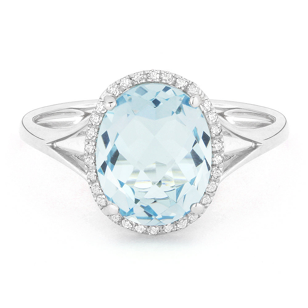 Beautiful Hand Crafted 14K White Gold 8x10MM Blue Topaz And Diamond Essentials Collection Ring
