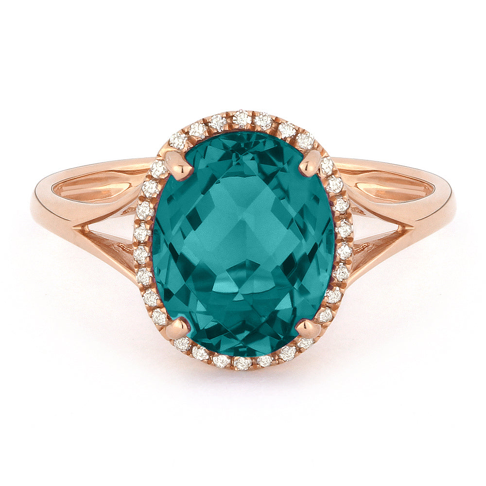 Beautiful Hand Crafted 14K Rose Gold 8x10MM Created Tourmaline Paraiba And Diamond Essentials Collection Ring