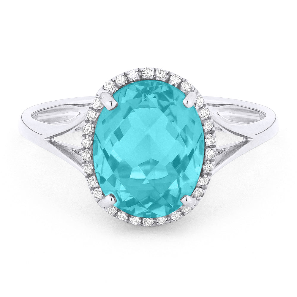 Beautiful Hand Crafted 14K White Gold 8x10MM Created Tourmaline Paraiba And Diamond Essentials Collection Ring
