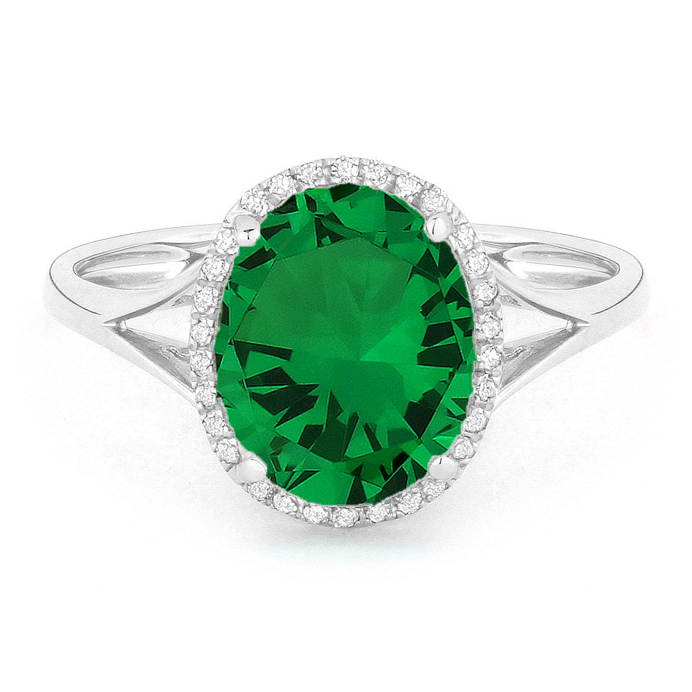 Beautiful Hand Crafted 14K White Gold 8x10MM Created Emerald And Diamond Essentials Collection Ring