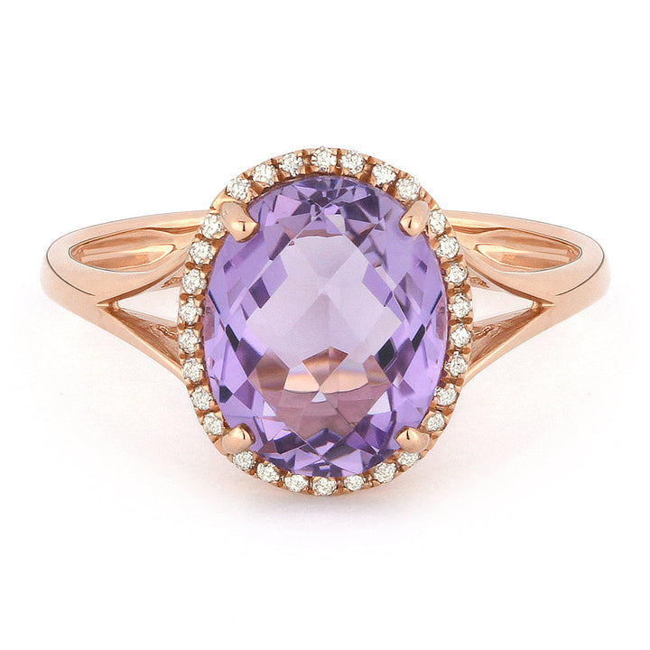 Beautiful Hand Crafted 14K Rose Gold 8x10MM Pink Amethyst And Diamond Essentials Collection Ring