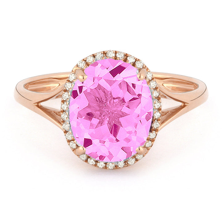 Beautiful Hand Crafted 14K Rose Gold 8x10MM Created Pink Sapphire And Diamond Essentials Collection Ring