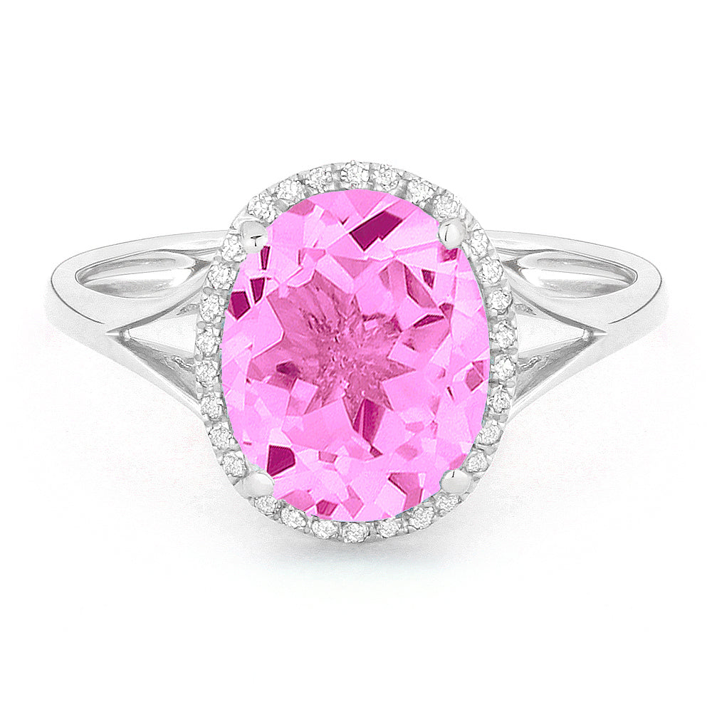 Beautiful Hand Crafted 14K White Gold 8x10MM Created Pink Sapphire And Diamond Essentials Collection Ring