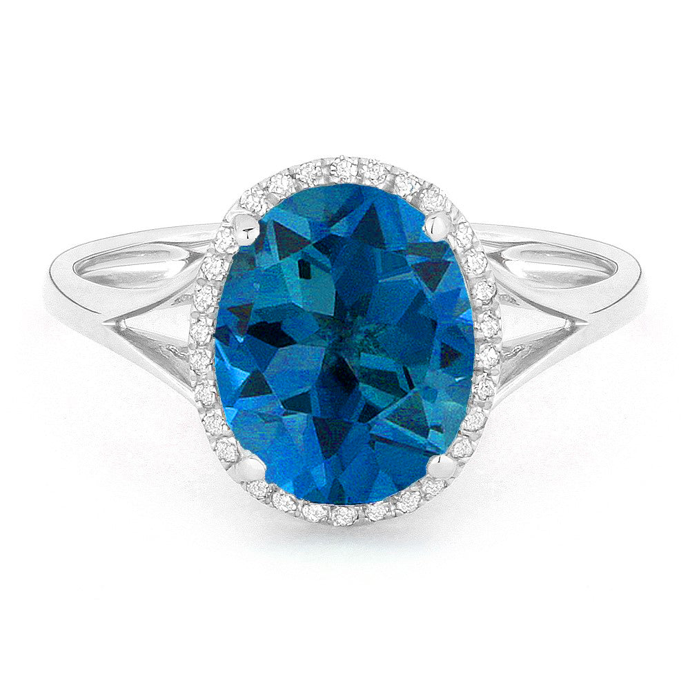 Beautiful Hand Crafted 14K White Gold 8x10MM Swiss Blue Topaz And Diamond Essentials Collection Ring