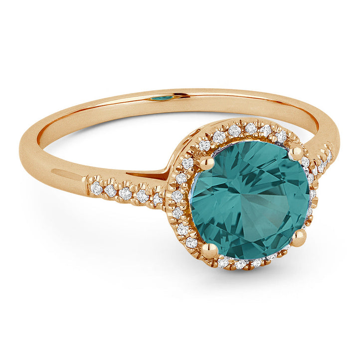 Beautiful Hand Crafted 14K Rose Gold 7MM Created Tourmaline Paraiba And Diamond Essentials Collection Ring