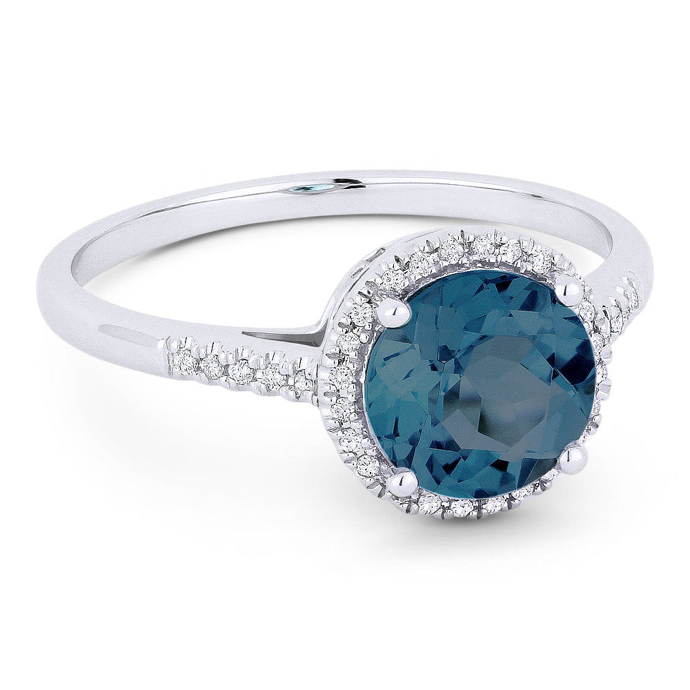Beautiful Hand Crafted 14K White Gold 7MM London Blue Topaz And Diamond Essentials Collection Ring