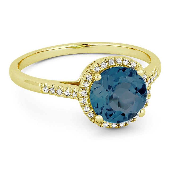 Beautiful Hand Crafted 14K Yellow Gold 7MM London Blue Topaz And Diamond Essentials Collection Ring