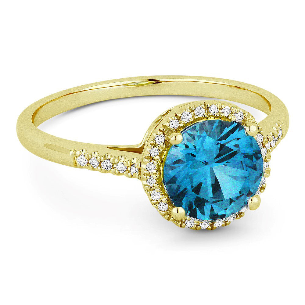 Beautiful Hand Crafted 14K Yellow Gold 7MM Swiss Blue Topaz And Diamond Essentials Collection Ring