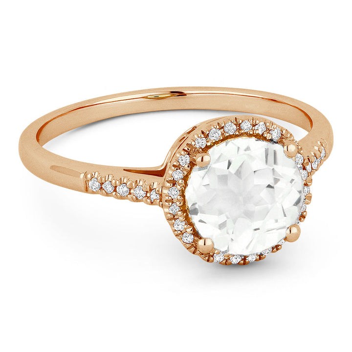 Beautiful Hand Crafted 14K Rose Gold 7MM White Topaz And Diamond Essentials Collection Ring