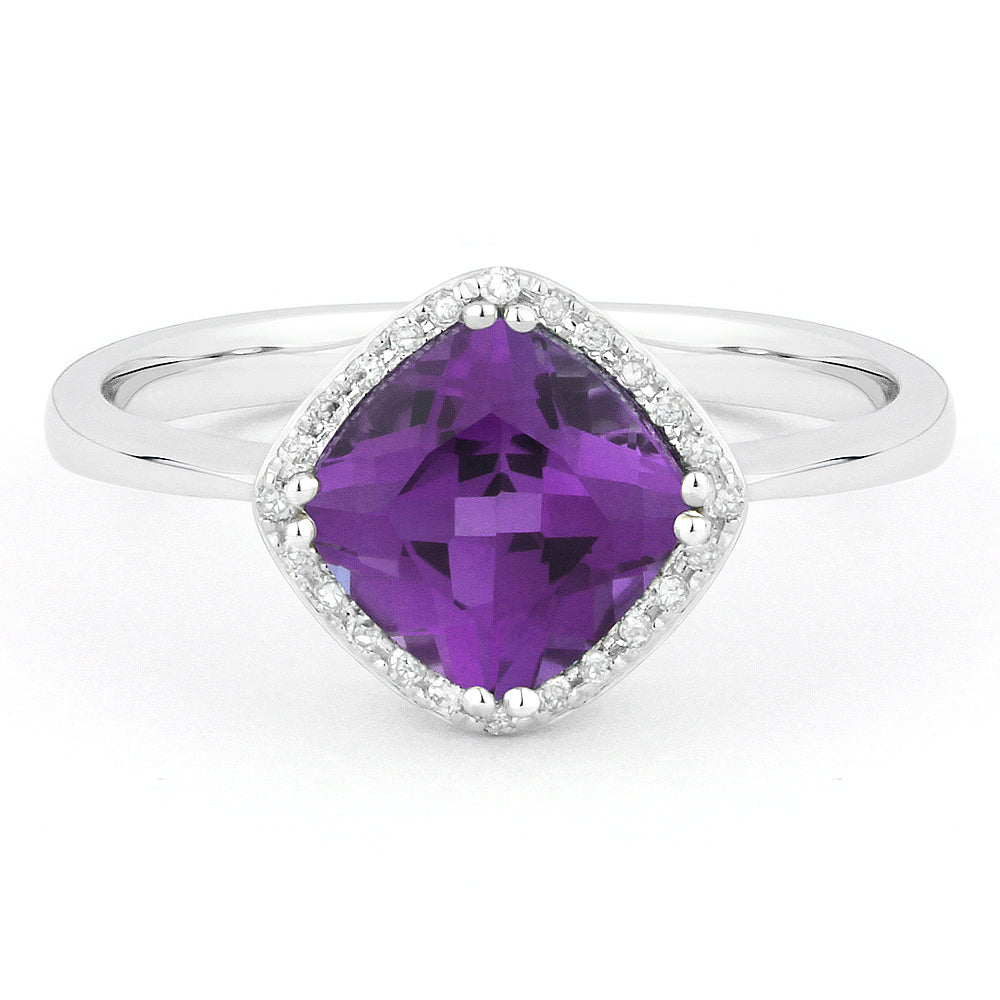 Beautiful Hand Crafted 14K White Gold 7x7MM Amethyst And Diamond Essentials Collection Ring