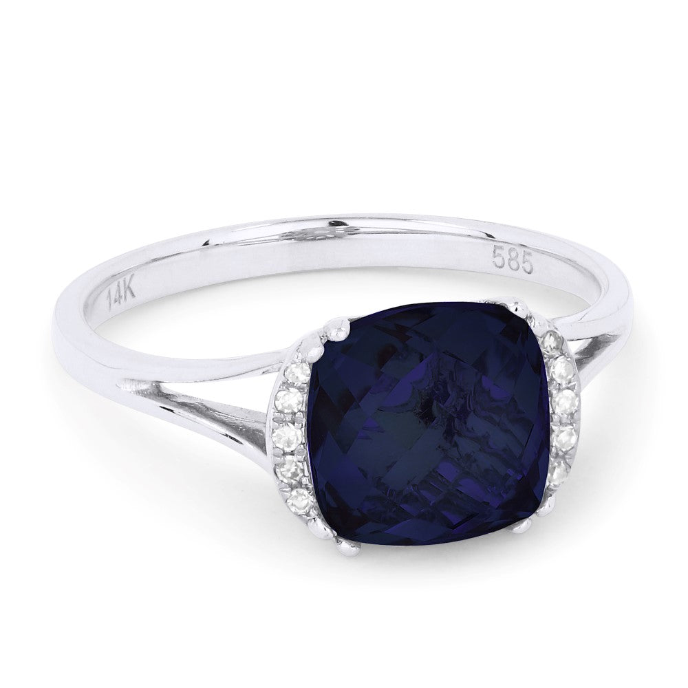 Beautiful Hand Crafted 14K White Gold 8MM Created Sapphire And Diamond Essentials Collection Ring