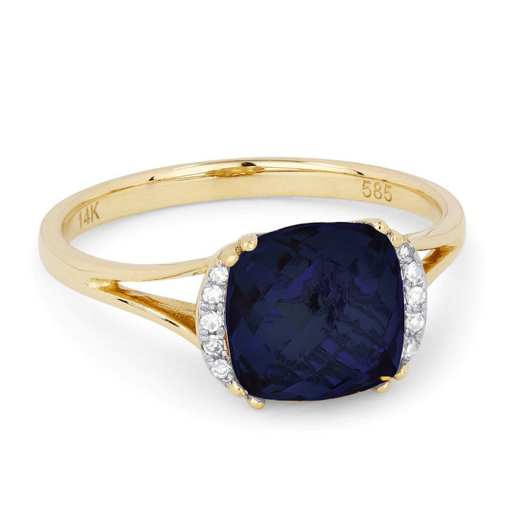 Beautiful Hand Crafted 14K Yellow Gold 8MM Created Sapphire And Diamond Essentials Collection Ring