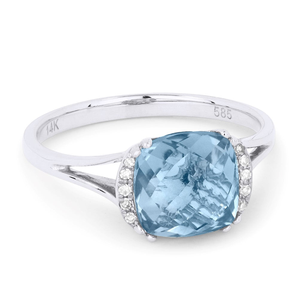 Beautiful Hand Crafted 14K White Gold 8MM Blue Topaz And Diamond Essentials Collection Ring