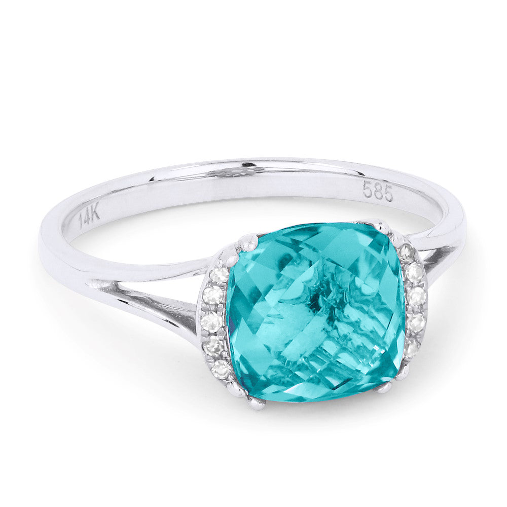 Beautiful Hand Crafted 14K White Gold 8MM Created Tourmaline Paraiba And Diamond Essentials Collection Ring
